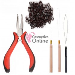 Set pentru extensii de par cu cleste SMR04E, 100 microring si accesorii, Saten Inchis 08859 